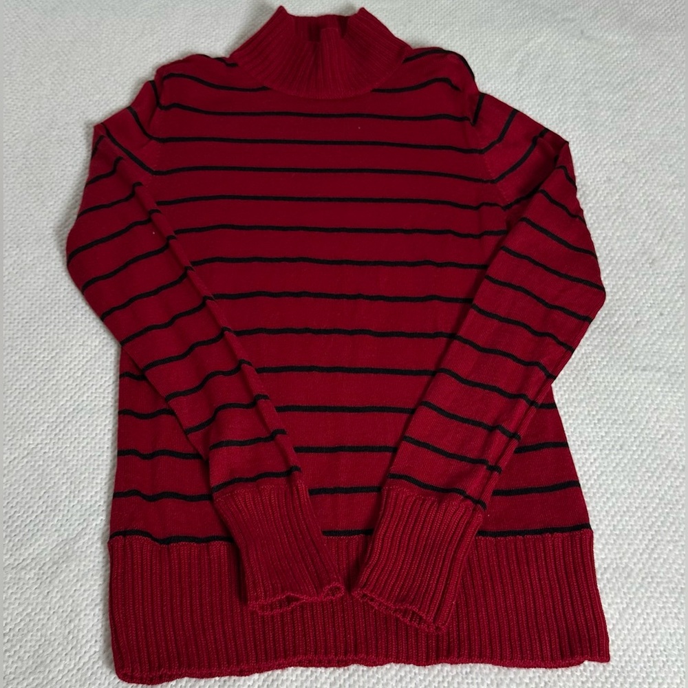 100% Merino Wool Sweater Women’s Petite Small Burgundy Black Stripe